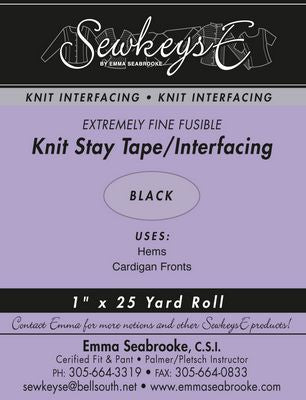 A product information card for Sewkey's Black Knit Stay Tape/Interfacings by Emma Seabrooke