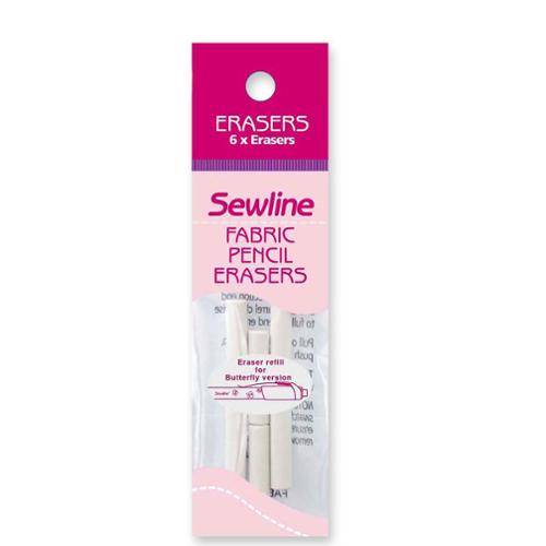 Pack of Sewline fabric pencil erasers with pink and white design on a white background