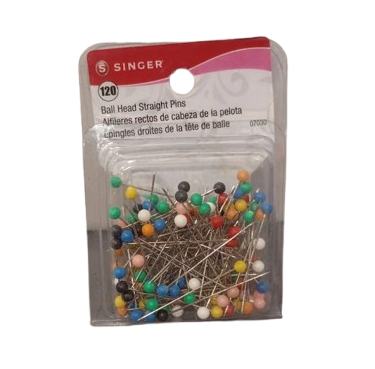 Pack of Singer ball head straight pins with colorful heads on a white background