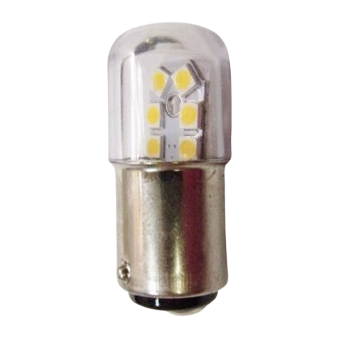 A single small LED light bulb with a clear transparent dome, six yellow LED chips, and a silver metal bayonet base, shown on a plain white background.