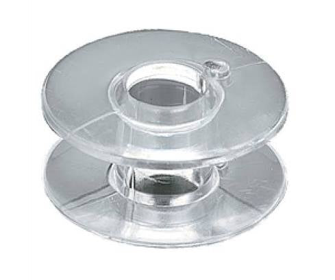 A clear plastic sewing machine bobbin spool on a white background.