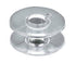 A clear plastic sewing machine bobbin spool on a white background.
