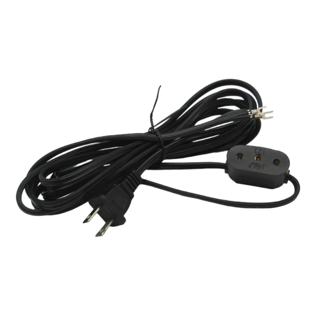 A black electrical power cord with a US two-prong plug, a matching black outlet connector, and a short tie-back wire, photographed on a plain white background.