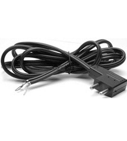 A coiled black power cable with a two-prong plug connector, photographed on a plain white background.