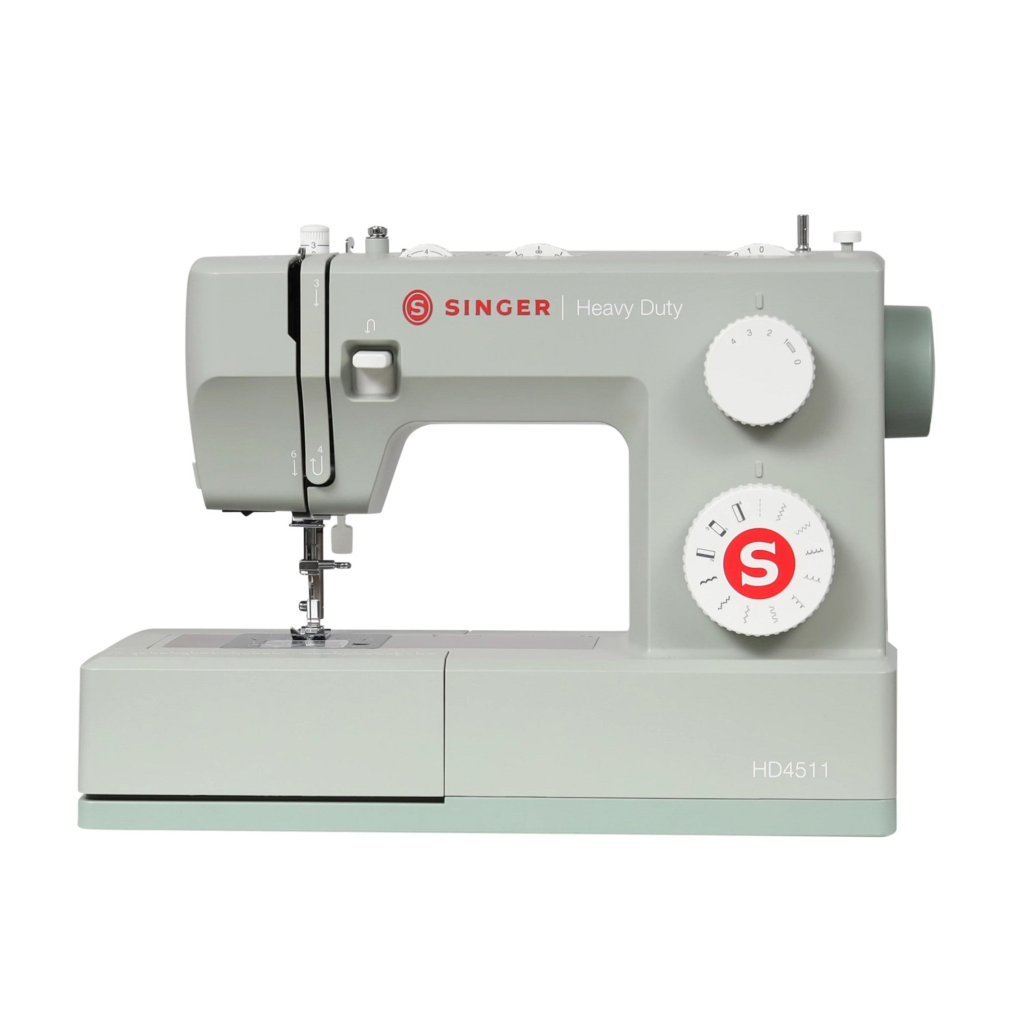 A Singer Heavy Duty HD4511 sewing machine in a light sage green color, featuring white dials and a red logo on a clean white background.