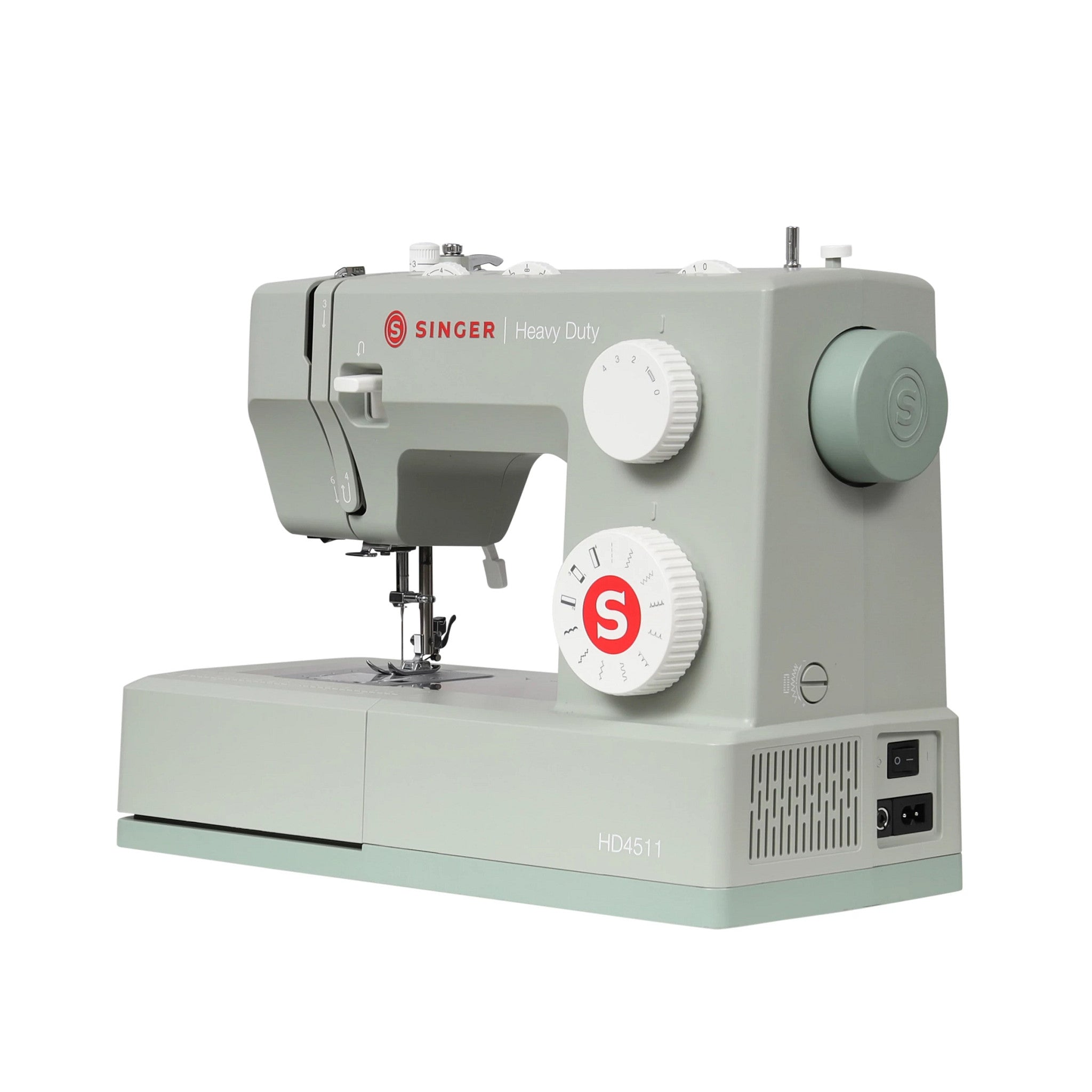 A light sage green Singer Heavy Duty HD451 sewing machine with white dials and a red logo, shown from a three-quarter angle on a white background.
