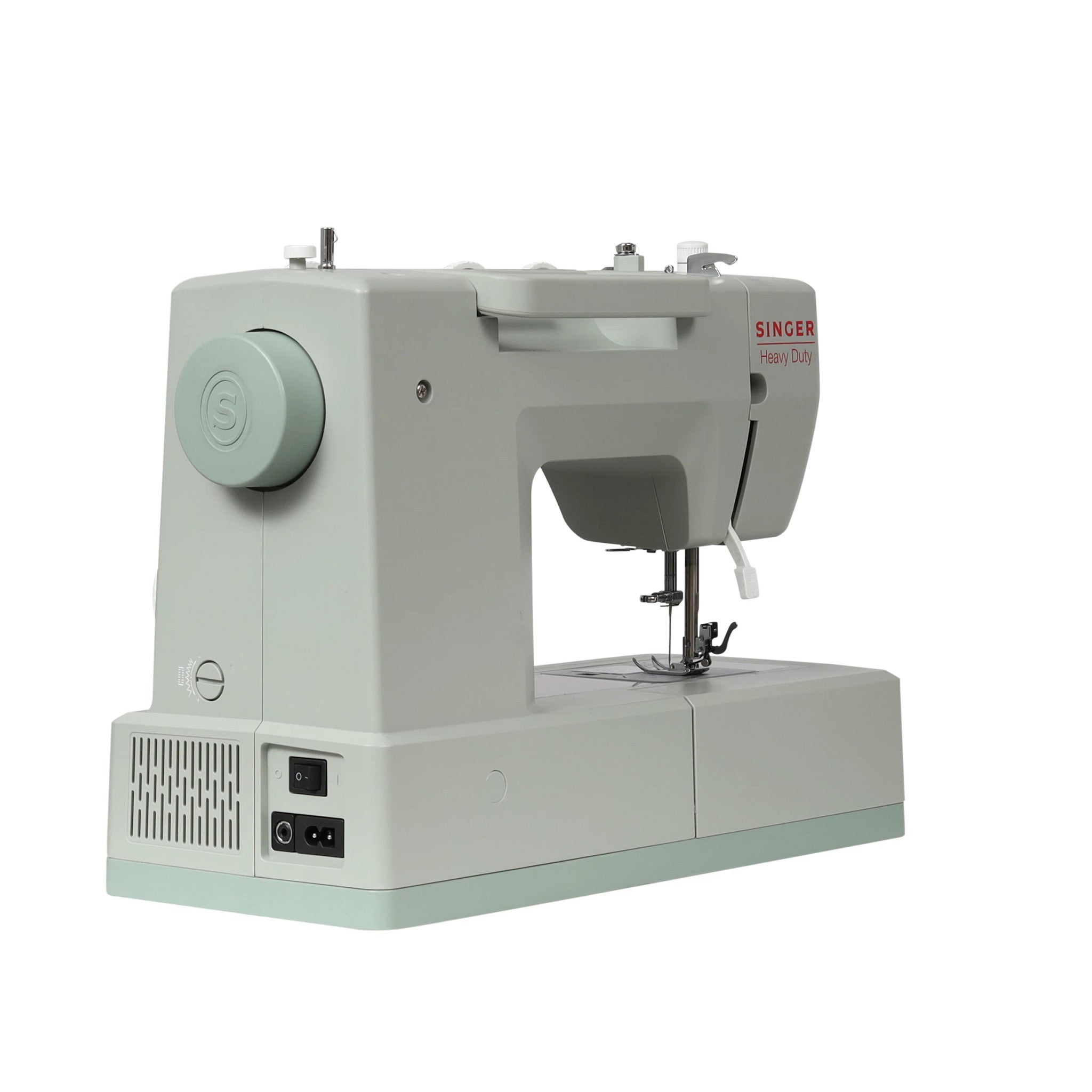 A light sage green and gray Singer sewing machine with a matching base, shown from a three-quarter angle on a solid white background.