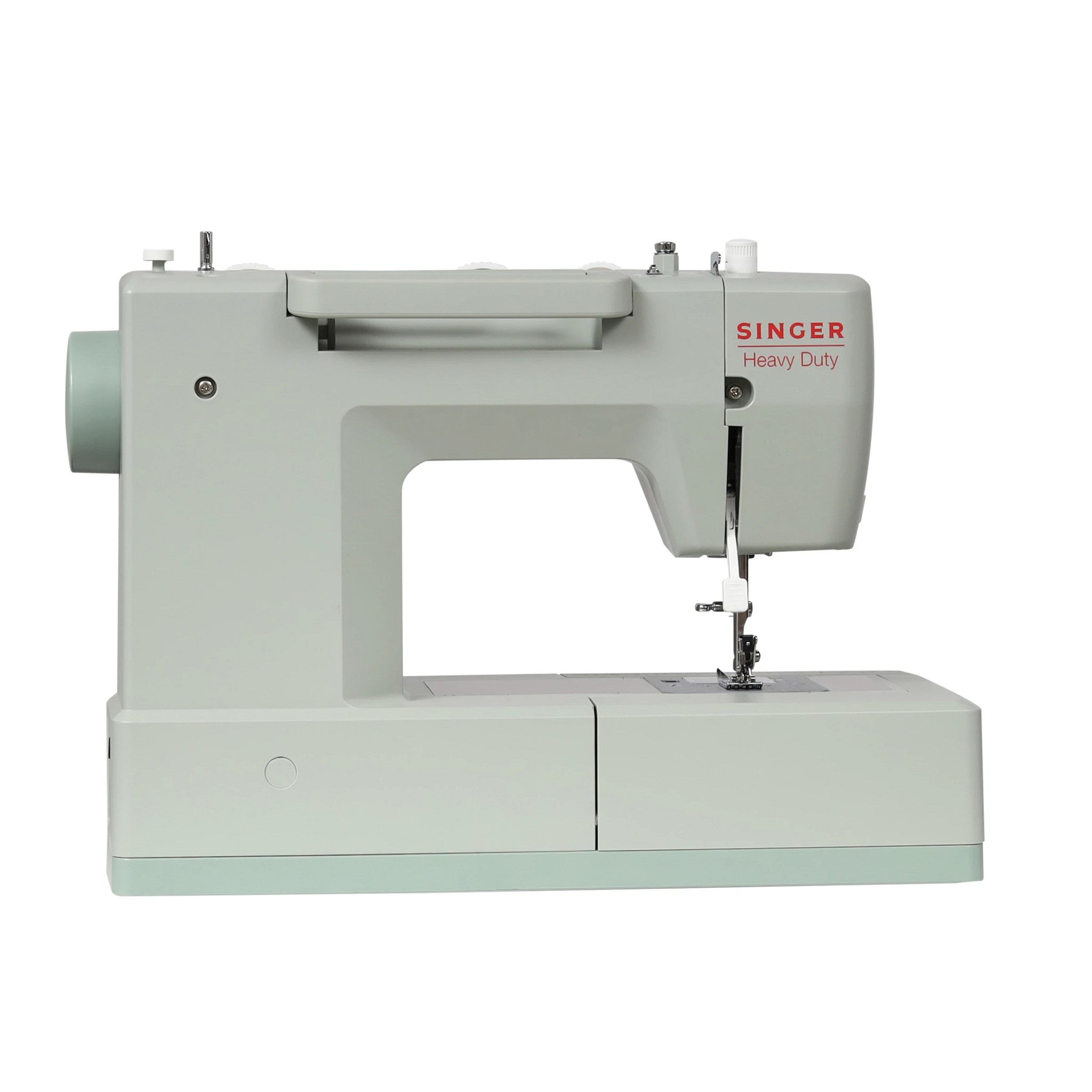A Singer Heavy Duty sewing machine in a light sage green color, shown from a front-three-quarter angle against a solid white background.