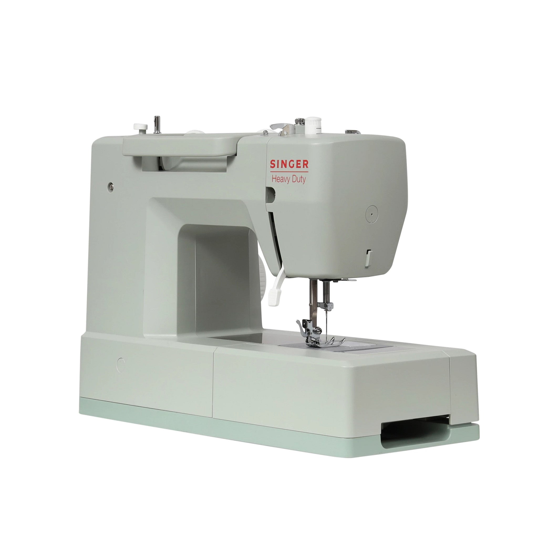 A light gray Singer Heavy Duty sewing machine with a pale mint green base, shown from a three-quarter angle on a solid white background.