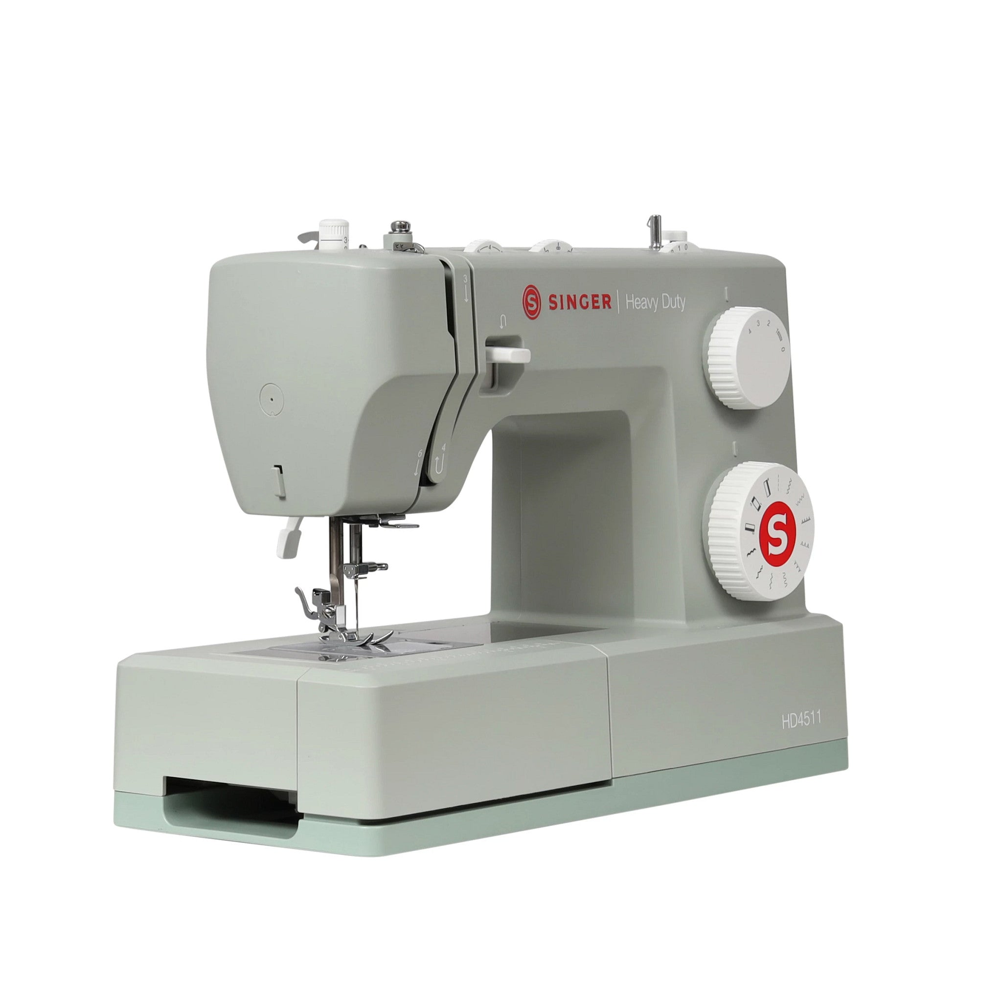 A light gray Singer Heavy Duty sewing machine with white dials and a red logo, shown from a three-quarter angle on a solid white background.