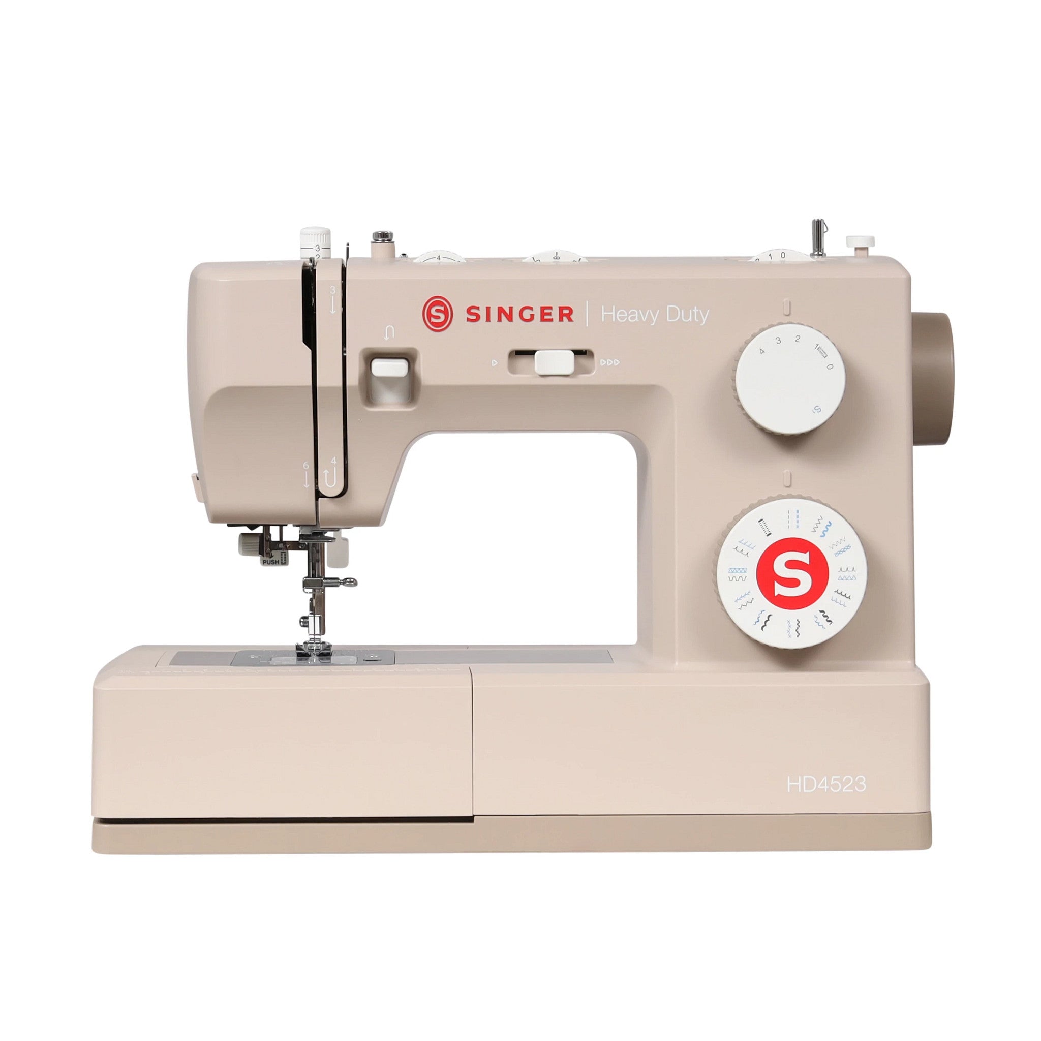Singer Heavy Duty sewing machine in a warm beige color with white dials and a red logo, shown from a front-three-quarter angle on a white background.