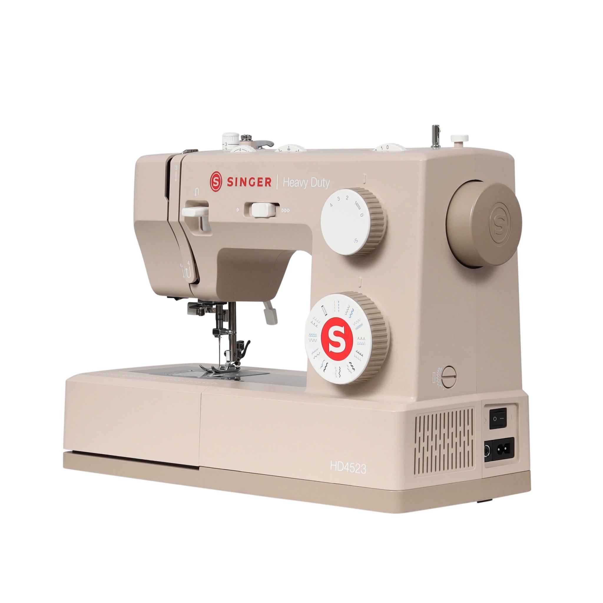 Singer Heavy Duty HS4820 sewing machine in beige with white dials and a red logo, shown on a solid white background.