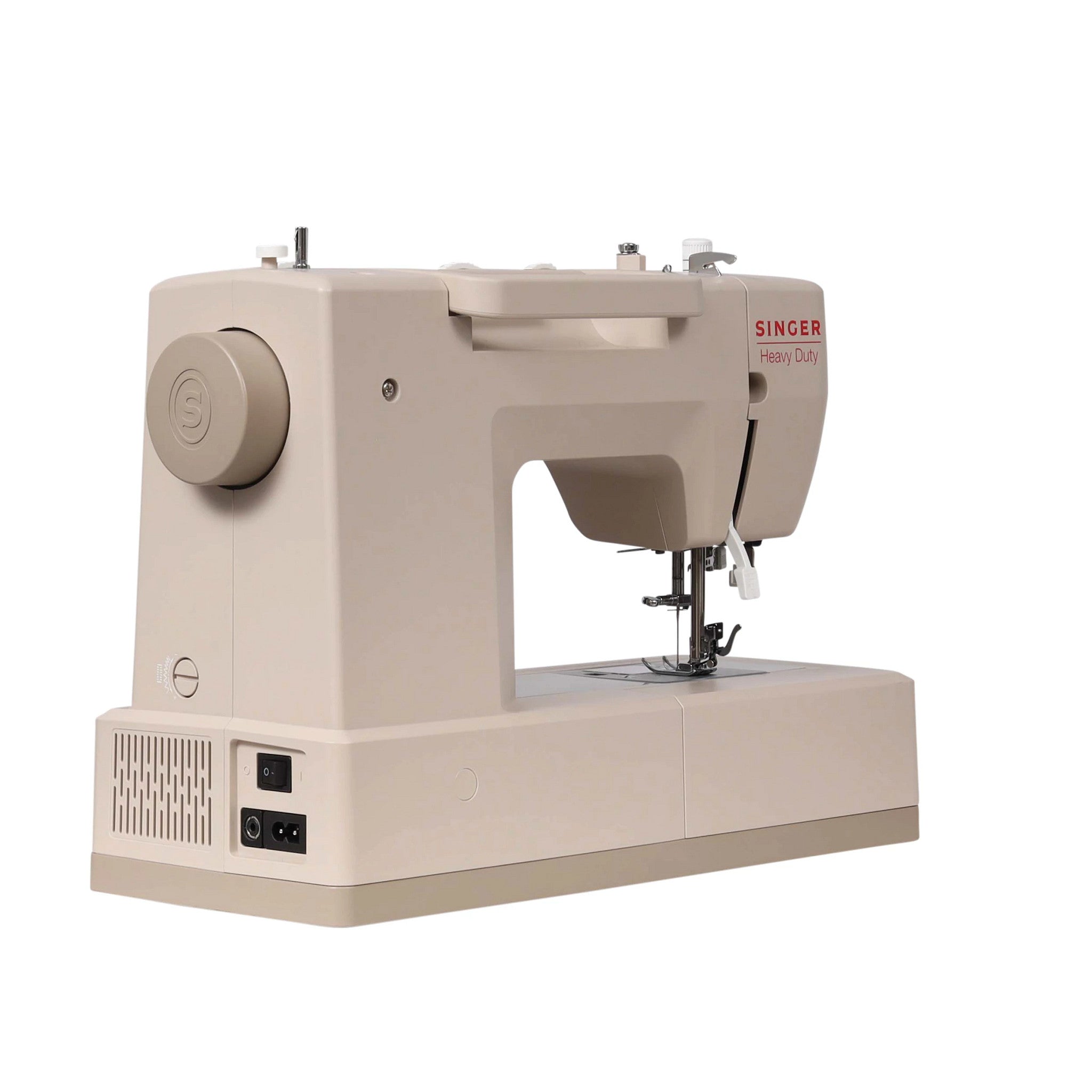 Singer sewing machine in a warm beige color, shown from a three-quarter angle on a solid white background.