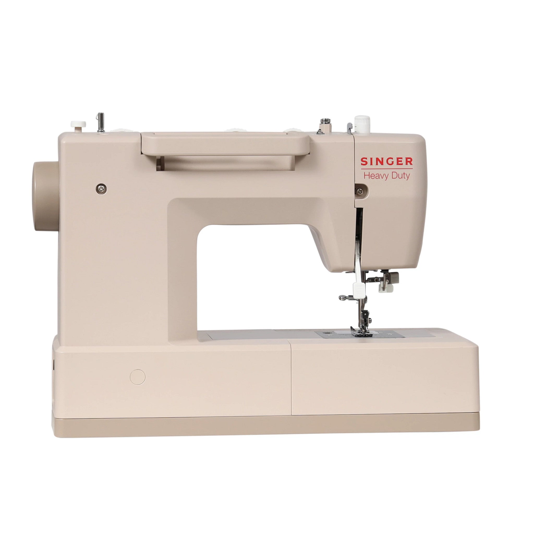 Singer Heavy Duty sewing machine in a warm beige color with red branding, shown from a front-three-quarter angle on a solid white background.