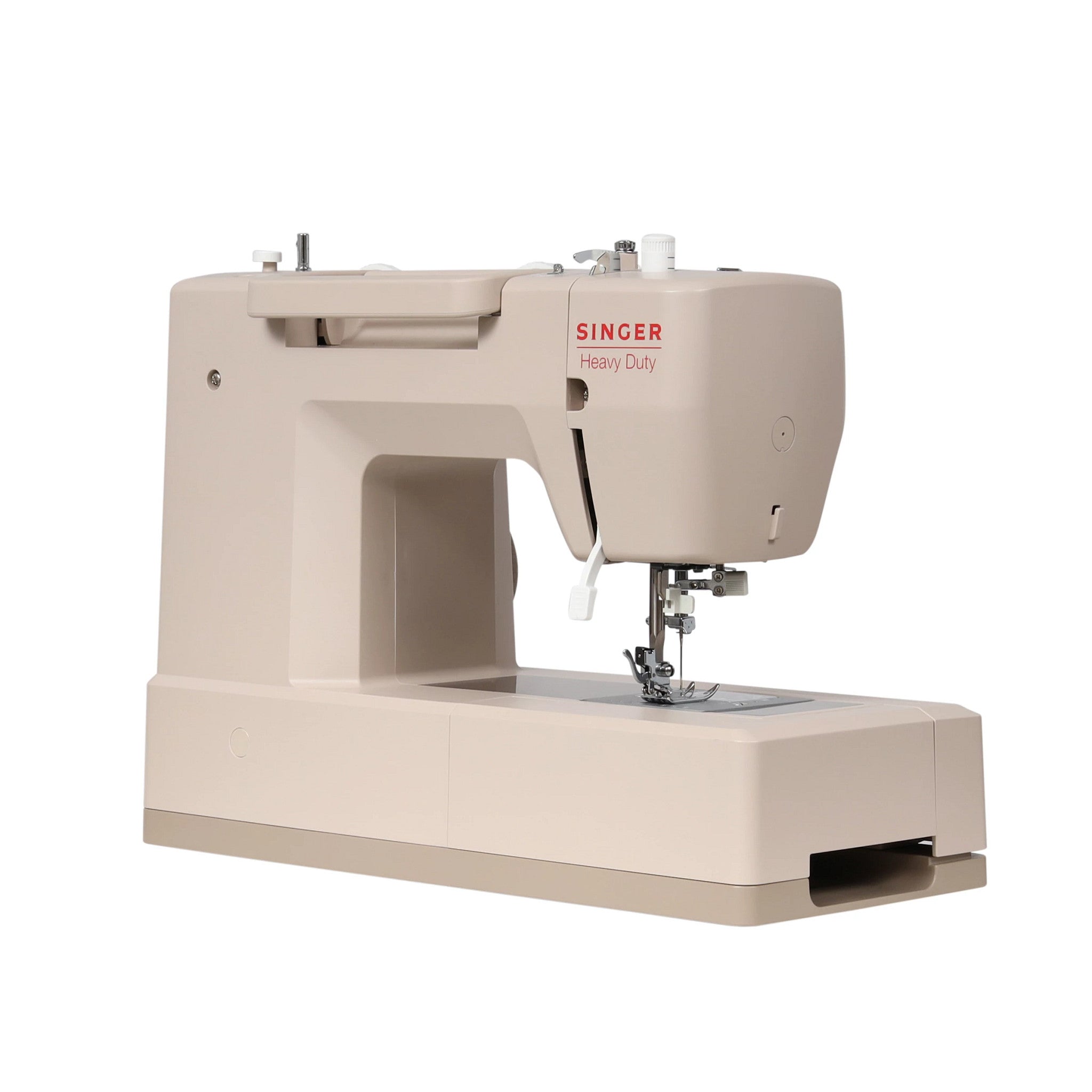 A beige Singer Heavy Duty sewing machine with a red logo printed on the side, shown from a three-quarter angle against a solid white background.