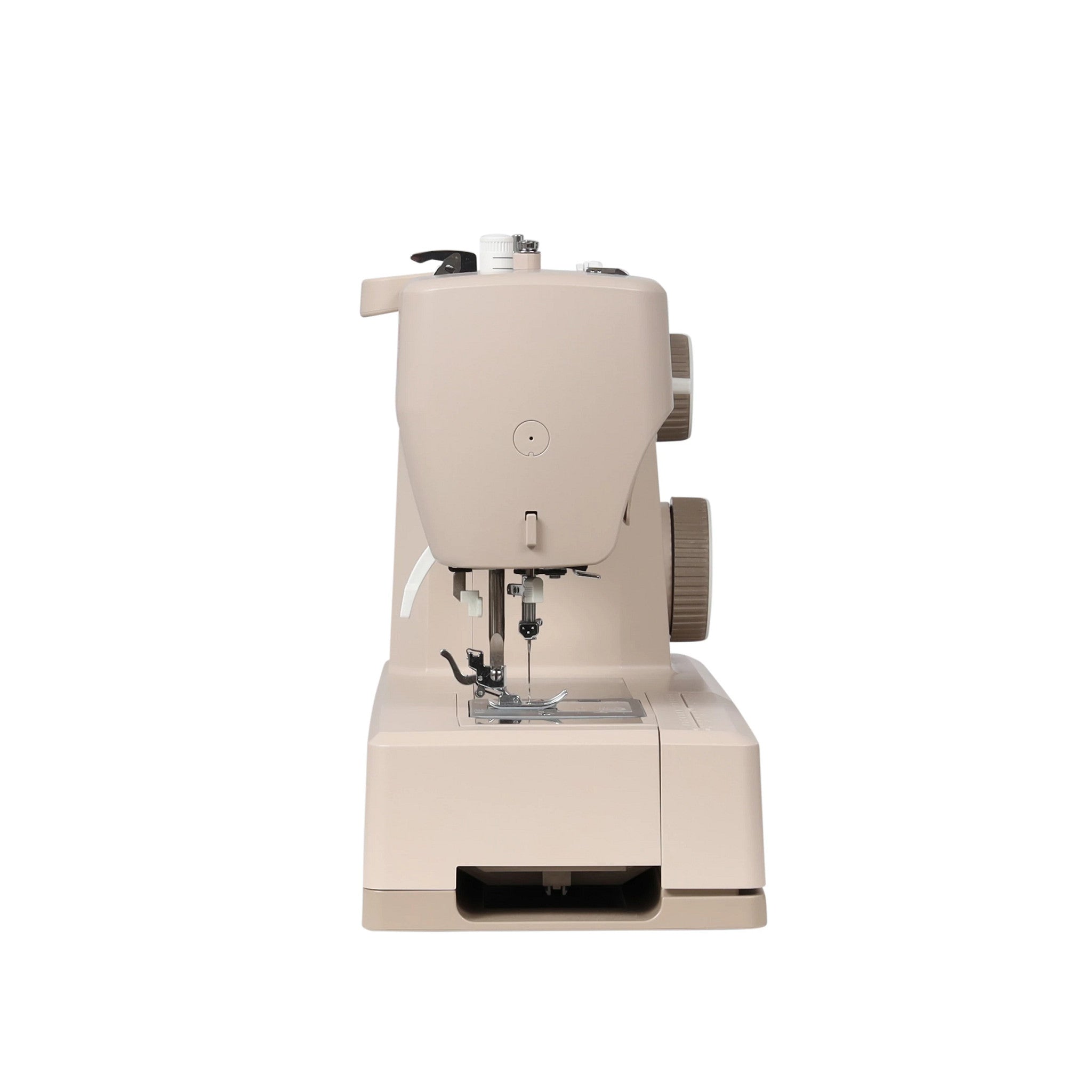 A compact beige sewing machine with a front-facing view, featuring a flat bed, presser foot, needle, and side dials on a solid white background.