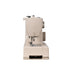 A compact beige sewing machine with a front-facing view, featuring a flat bed, presser foot, needle, and side dials on a solid white background.