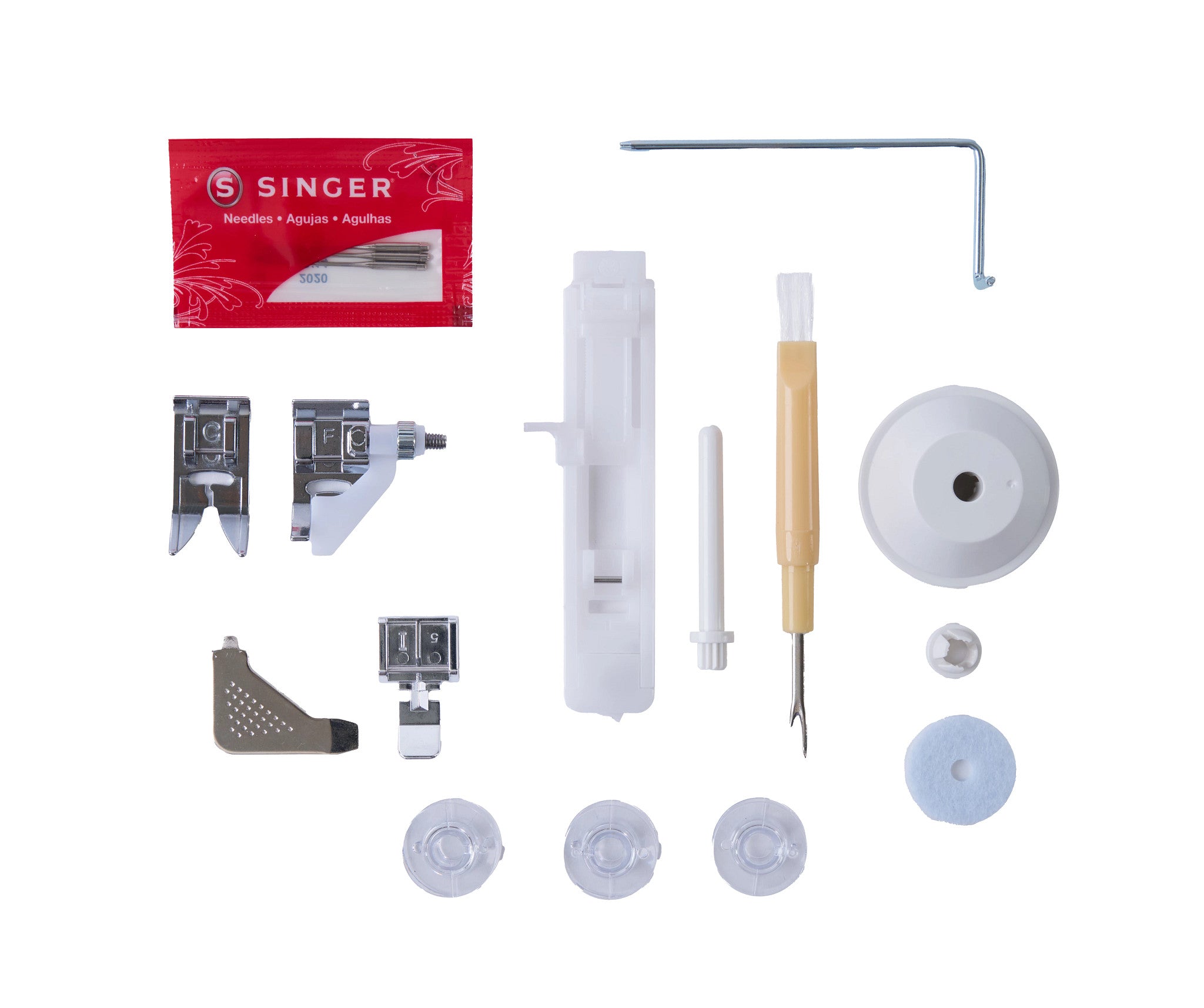 Singer sewing machine needle kit with various metal and plastic components, a wooden-handled tool, a hex key, and a red Singer box, arranged on a white background.