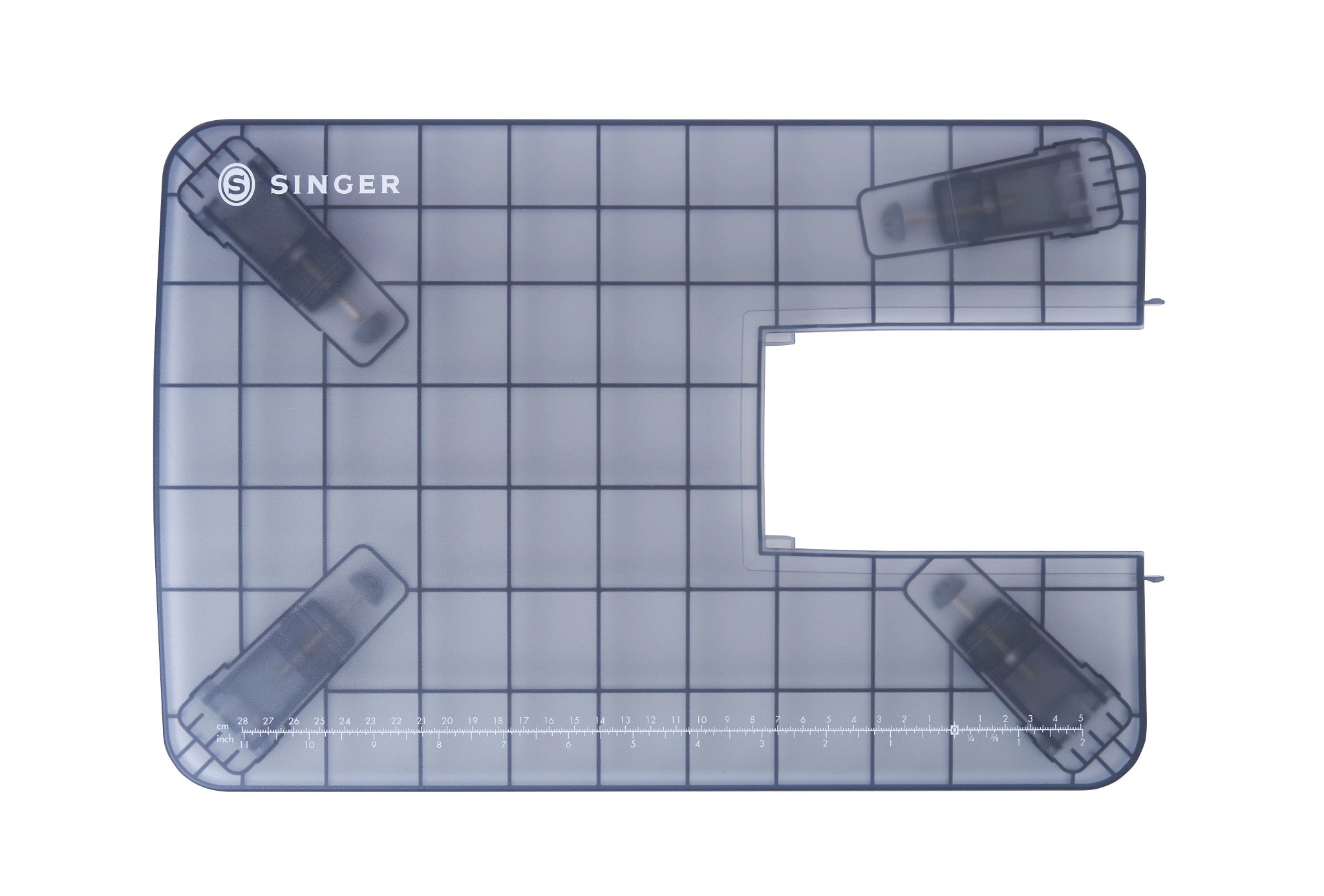 A translucent gray sewing machine table with four corner feet and a white SINGER logo printed in the top-left corner, shown on a solid white background.