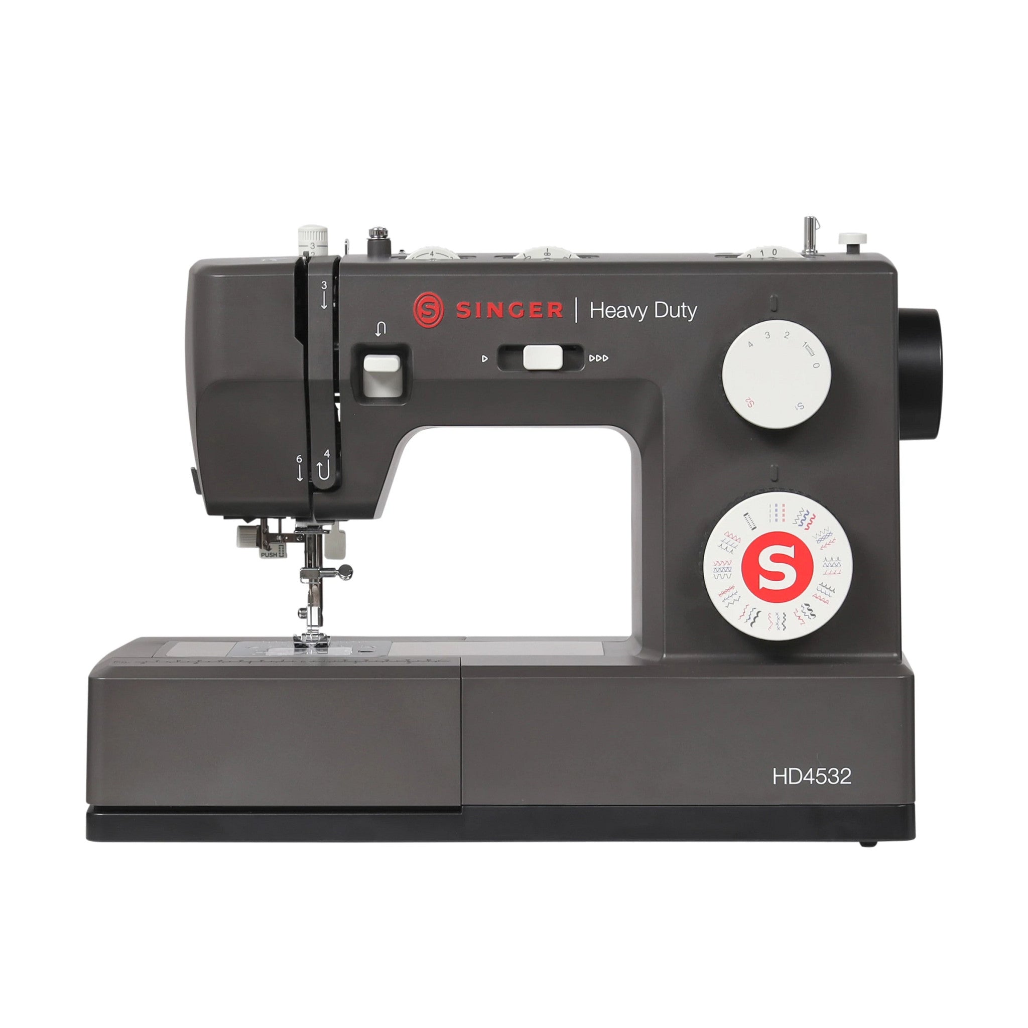 A Singer Heavy Duty HD4532 sewing machine in dark gray and black with white dials, shown from a front-three-quarter angle on a solid white background.