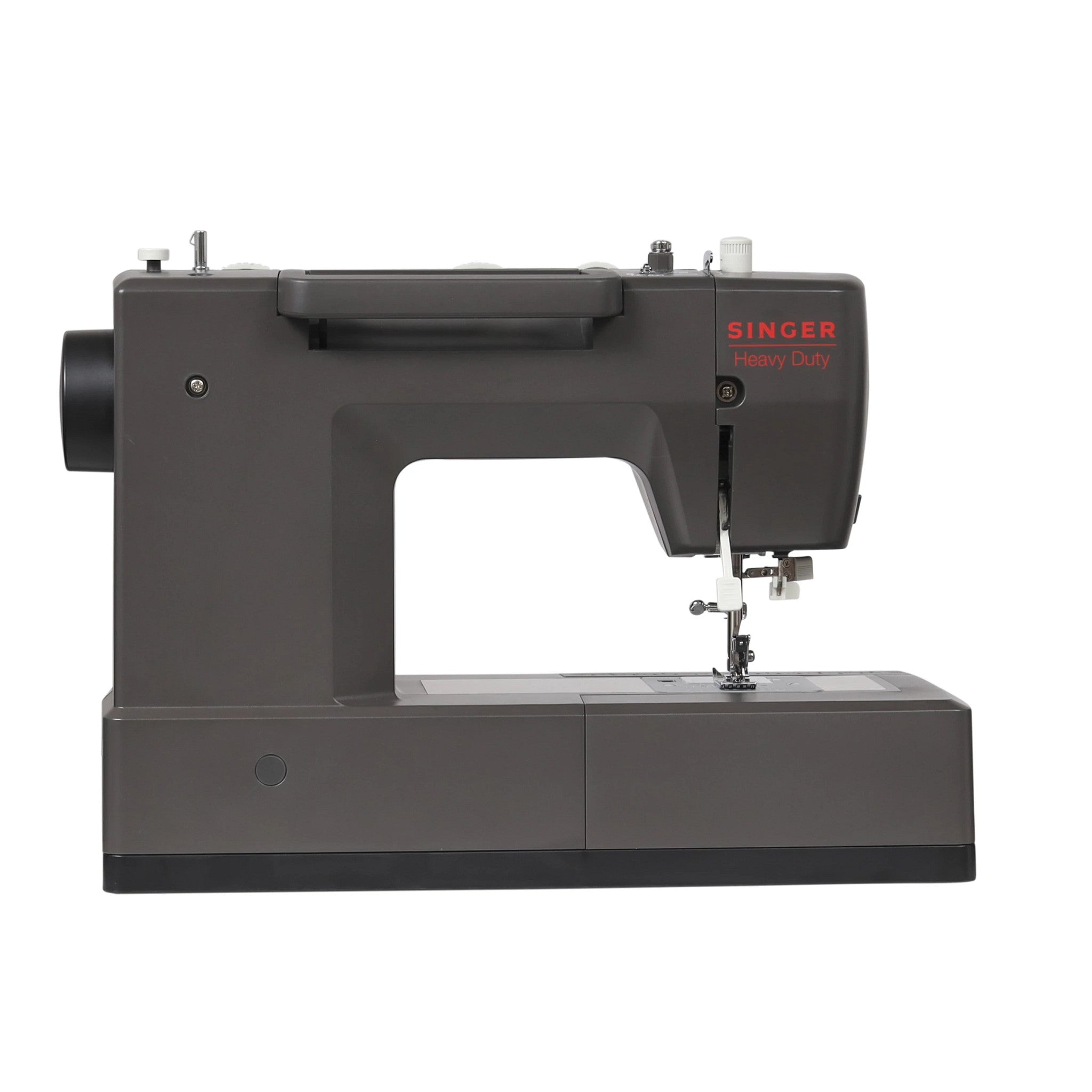 A Singer Heavy Duty sewing machine in dark gray with a red logo, shown from a side profile on a white background.