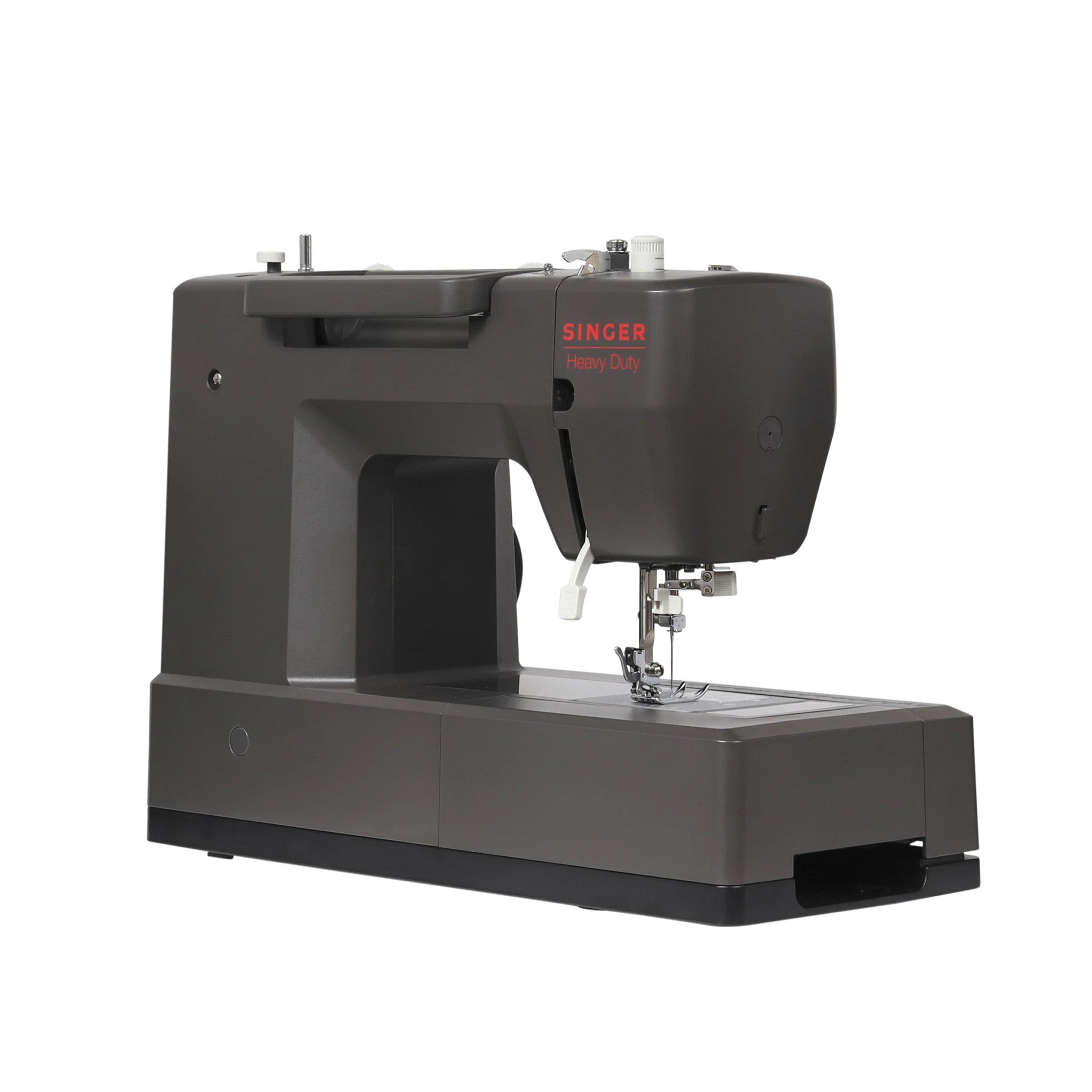 A dark gray Singer sewing machine with a built-in base, shown from a three-quarter angle on a solid white background.