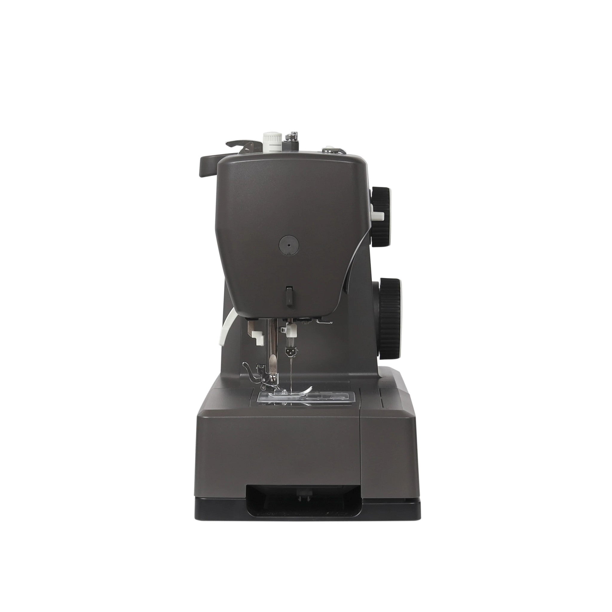 A dark gray sewing machine with a black handwheel and metal needle assembly, shown from a front-facing perspective on a solid white background.
