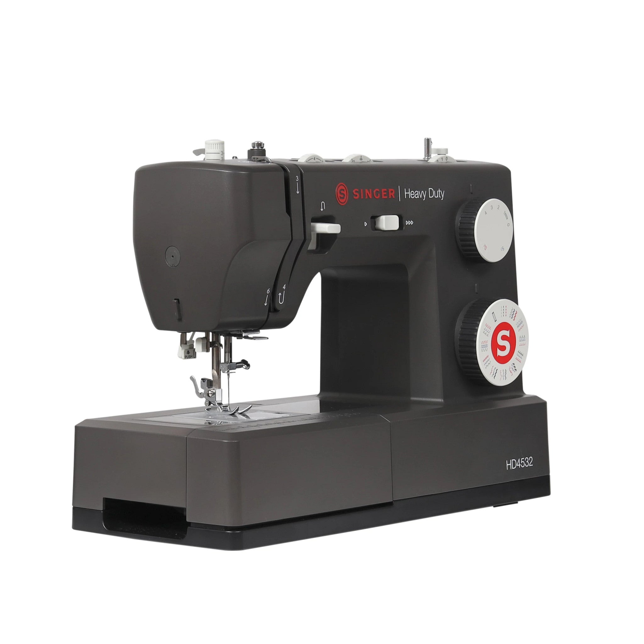 A Singer Heavy Duty HD4532 sewing machine in black with silver dials and a red logo, shown on a solid white background.
