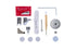 Singer sewing machine accessory kit with various metal and plastic parts, a wooden-handled tool, a red Singer box, and small tools arranged on a white background.