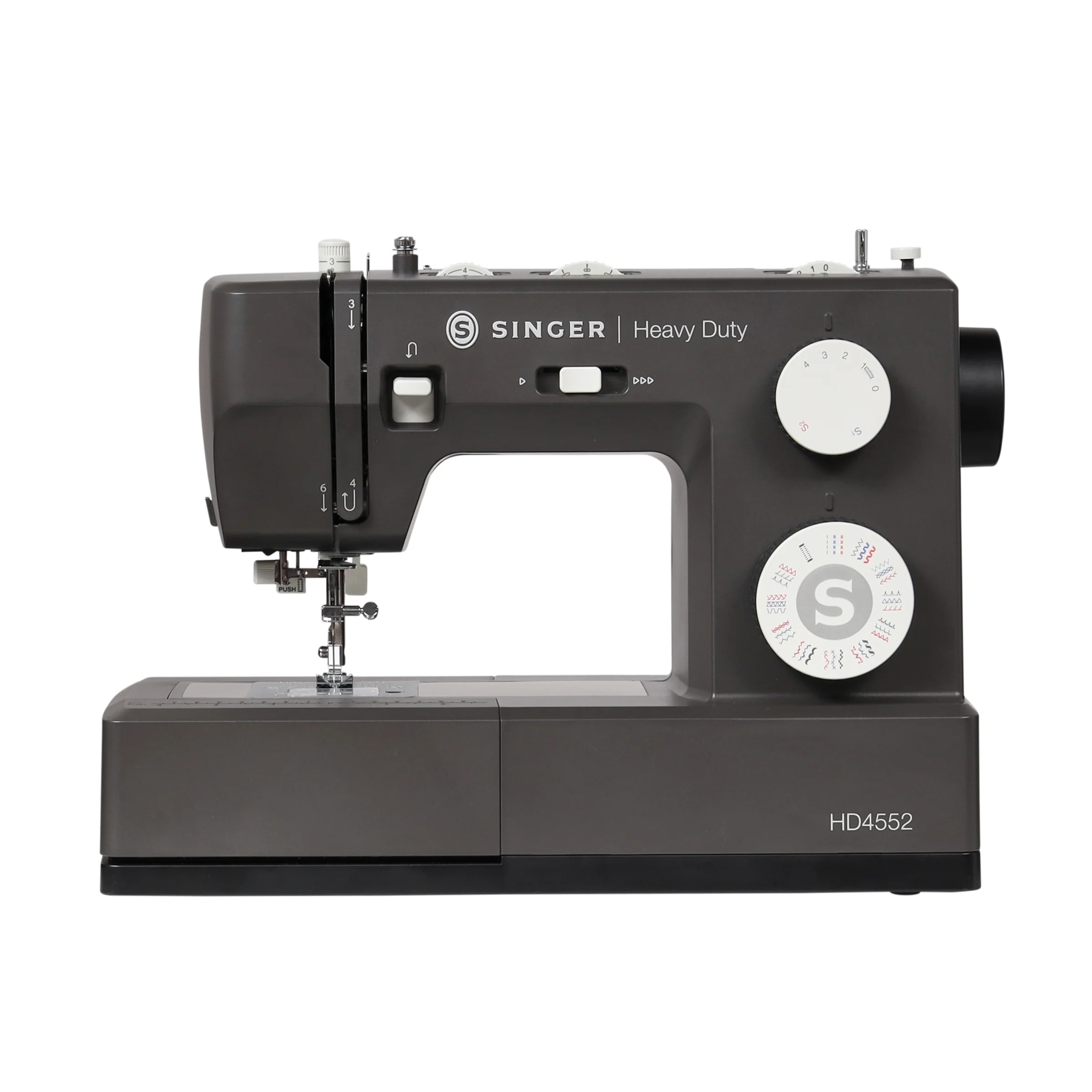 A Singer Heavy Duty sewing machine in dark gray and black, featuring white dials and a white logo, shown against a plain white background.