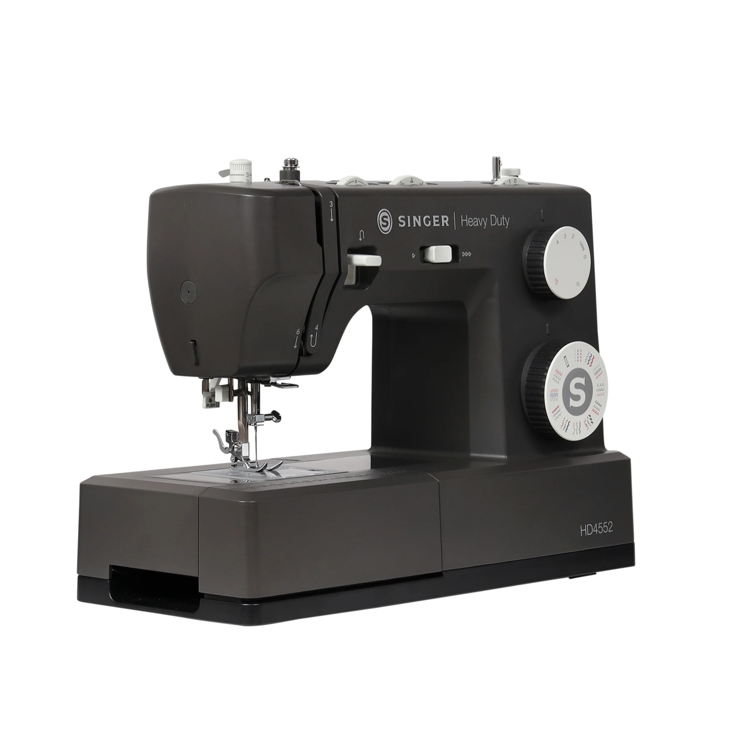 A Singer Heavy Duty HD4552 sewing machine in matte black with silver dials, shown from a three-quarter angle on a solid white background.
