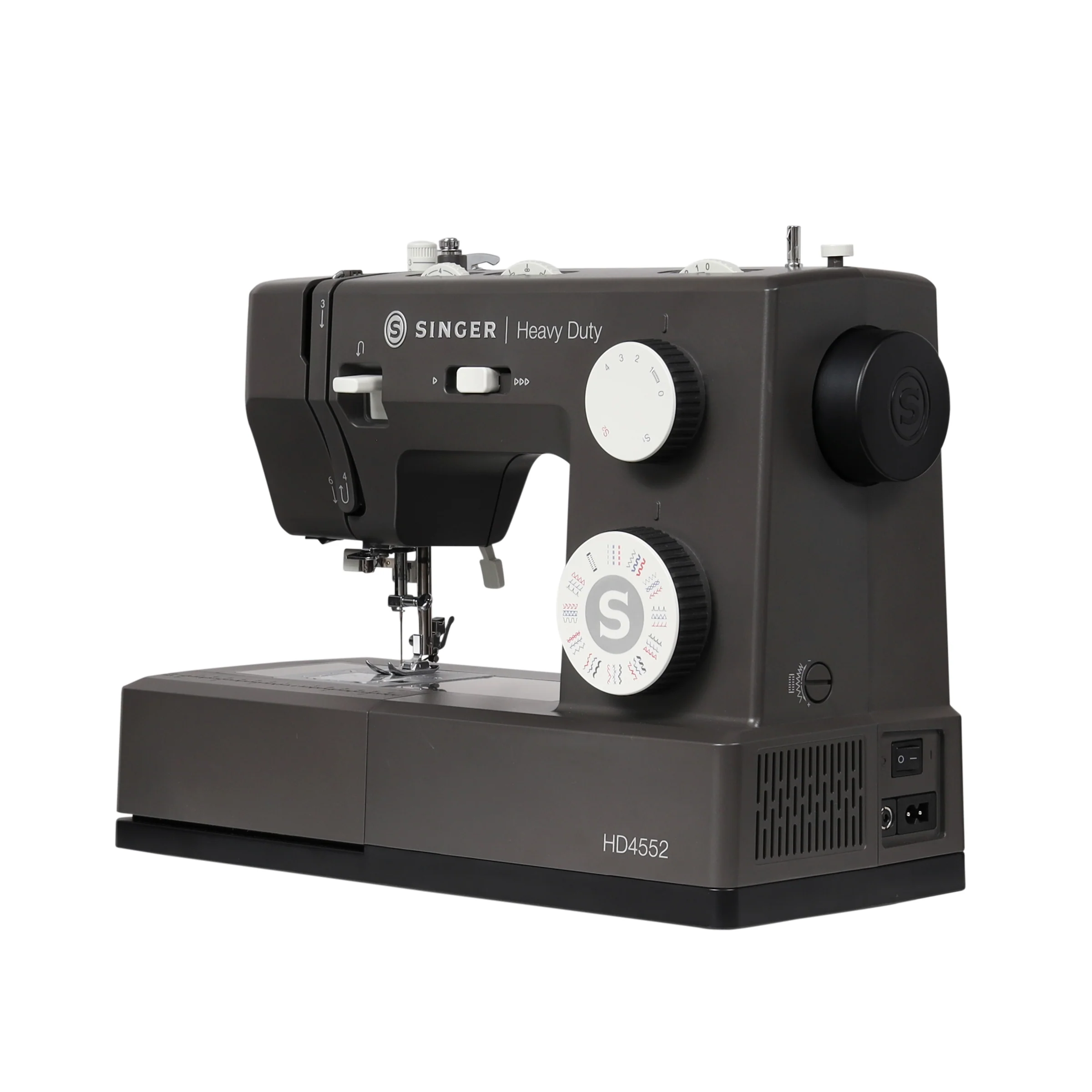 A Singer Heavy Duty sewing machine in dark gray with white and black dials, shown from a three-quarter angle on a white background.