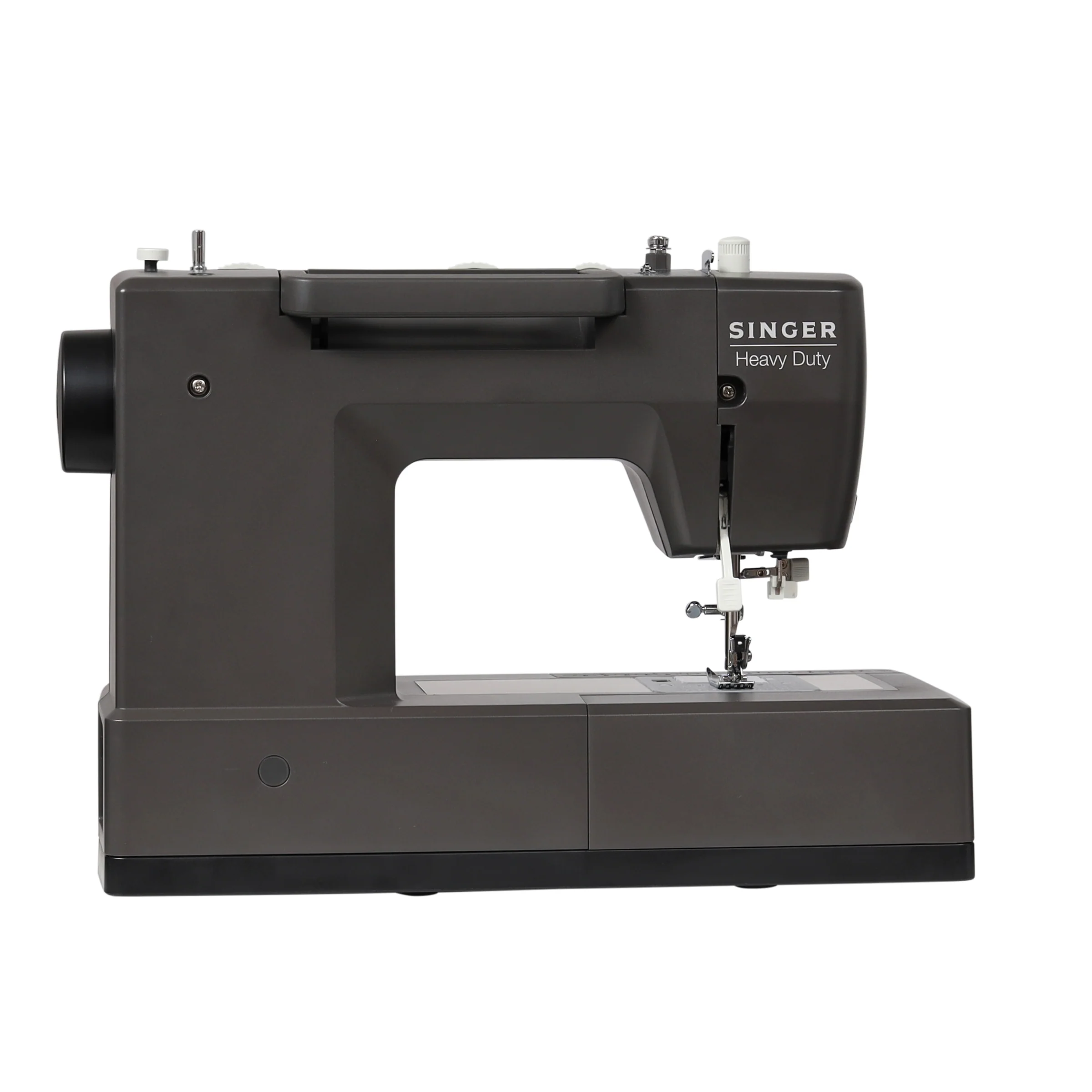 A Singer Heavy Duty sewing machine in dark gray, shown from a front-three-quarter angle against a plain white background.