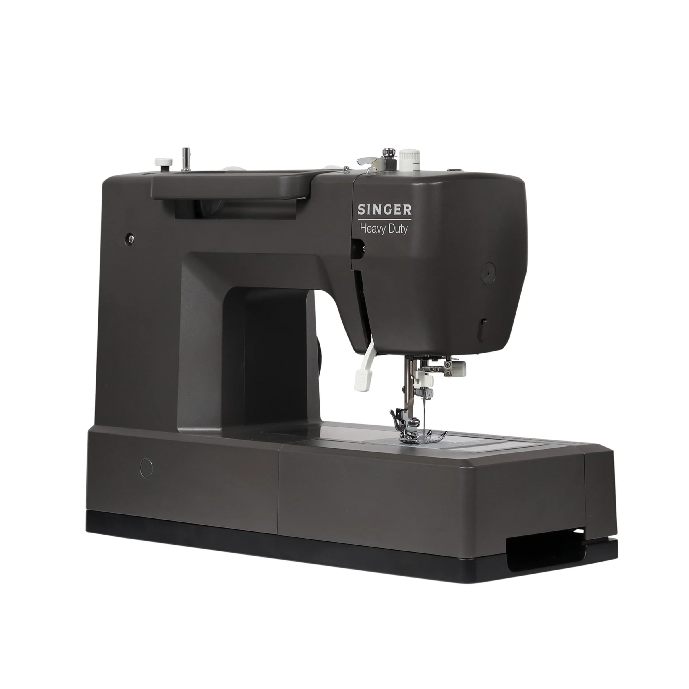 A dark gray Singer sewing machine with a built-in base, shown from a three-quarter angle on a solid white background.
