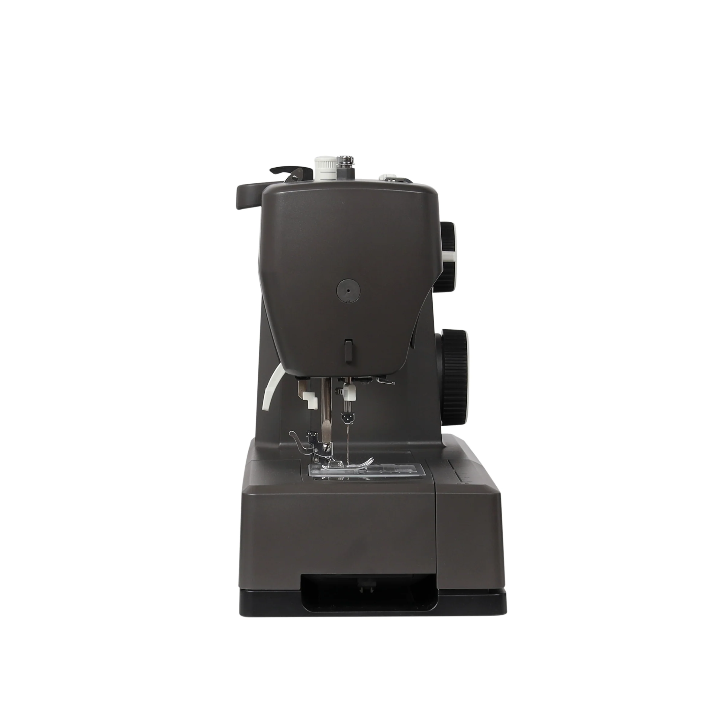 A dark gray industrial sewing machine with a black base and control knobs, shown from a front-facing perspective on a solid white background.