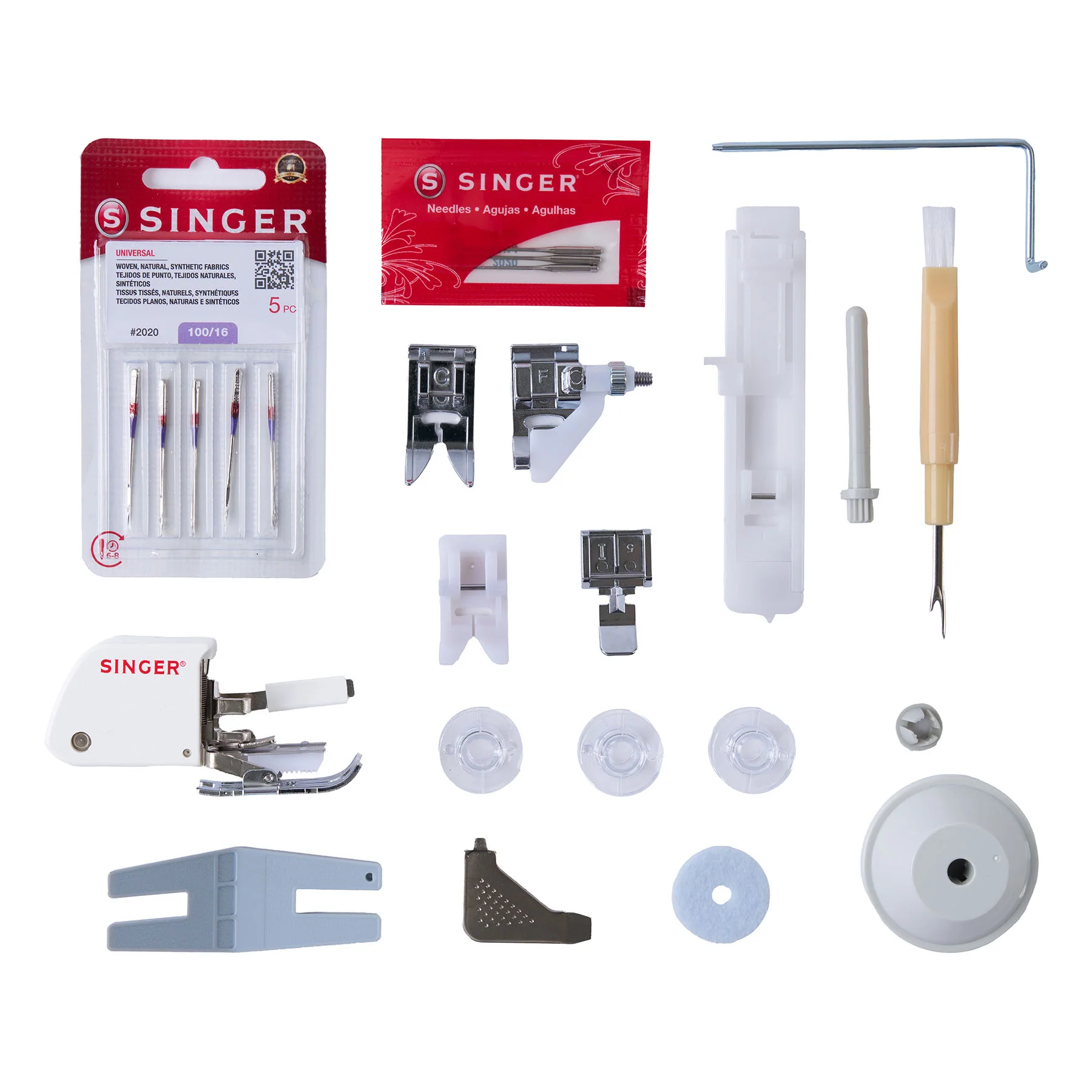 Singer sewing machine accessory kit with various parts and attachments, including needles, pressers, wheels, and tools, arranged on a white background.