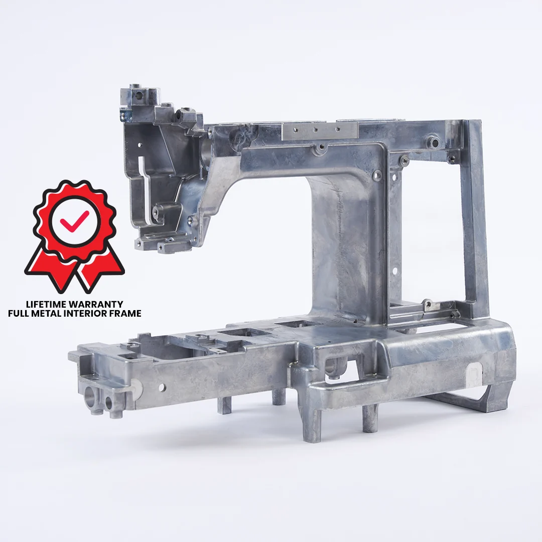 A metallic silver aluminum chassis frame, shown on a white background with a red and black 'Lifetime Warranty Full Metal Interior Frame' badge on the left.