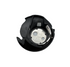 A black plastic sewing machine bobbin case with a silver metal center plate, isolated on a white background.