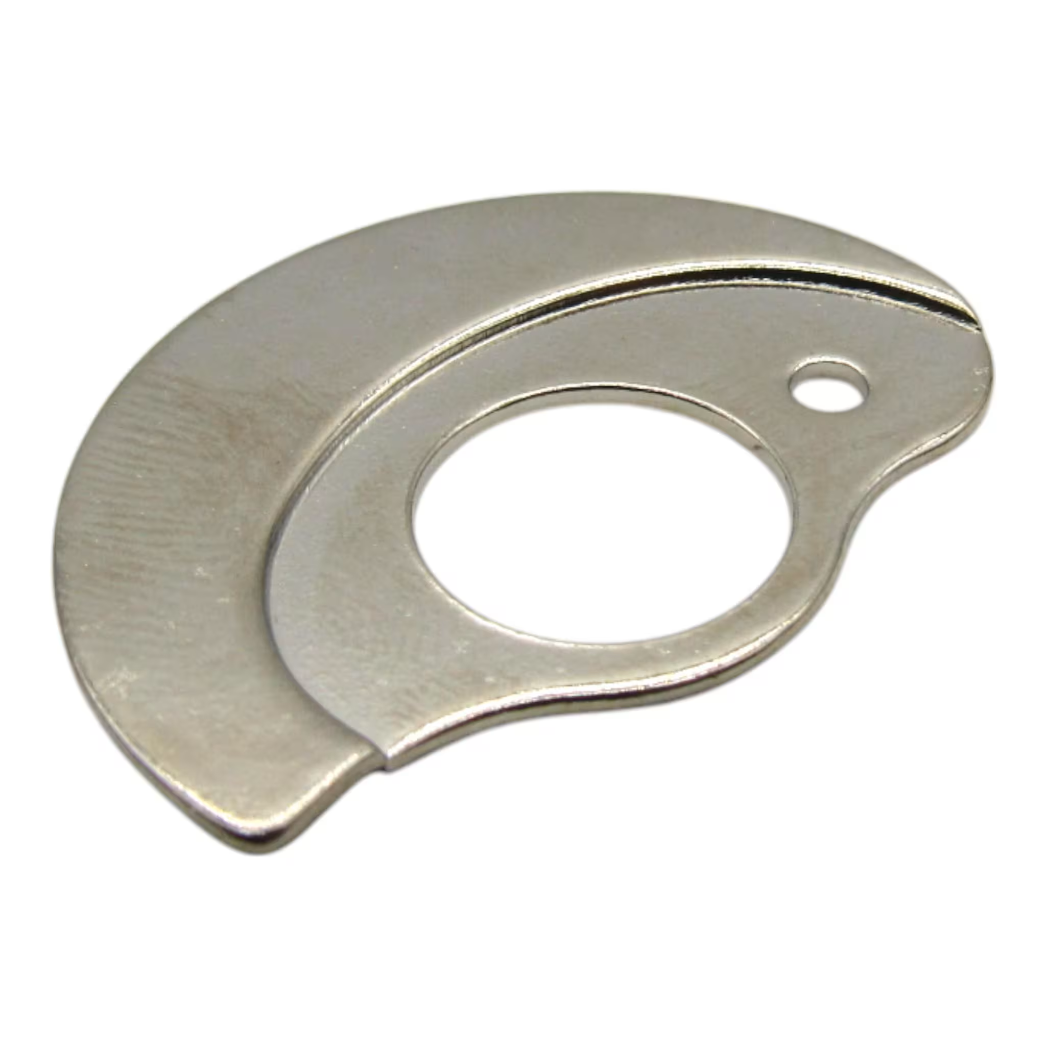 A silver metal crescent-shaped component with a circular cutout and a small hole near the top right, shown on a plain white background.