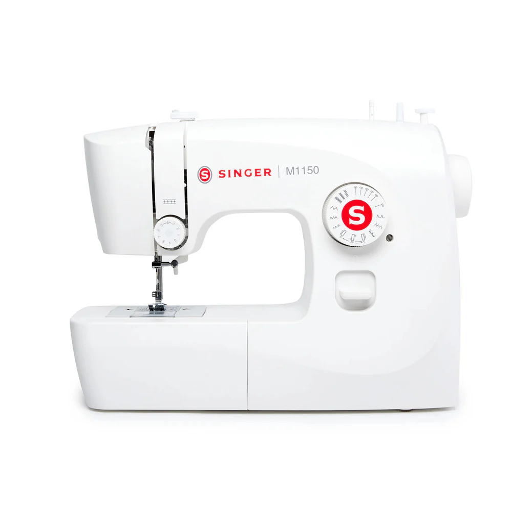 A white Singer M1150 sewing machine photographed from a three-quarter angle on a clean white background.