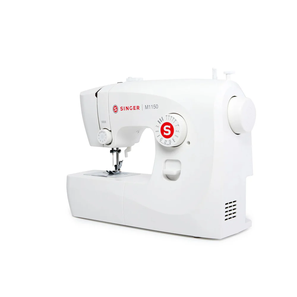 A white Singer M1150 sewing machine photographed from a three-quarter angle on a clean white background.