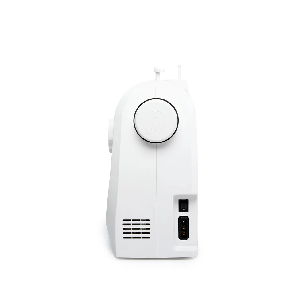 White sewing machine with a circular dial on a white background