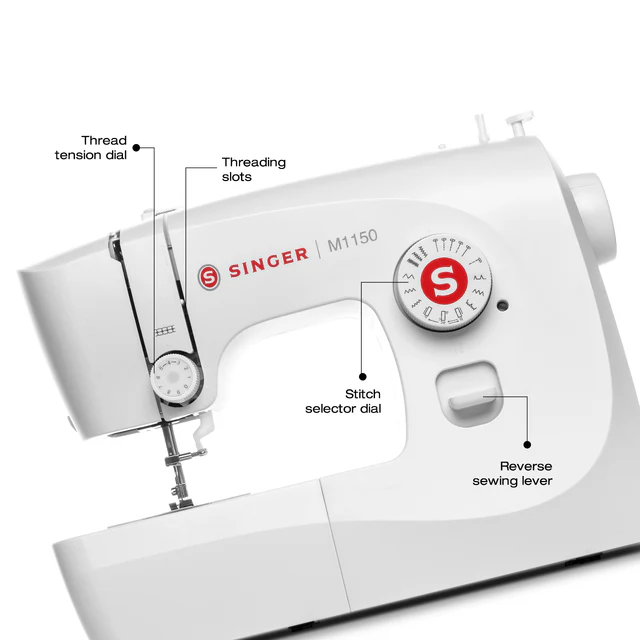 White Singer M1150 sewing machine shown on a white background with black callout lines and labels pointing to the thread tension dial, threading slots, stitch selector dial, and reverse sewing lever.