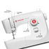 White Singer M1150 sewing machine shown on a white background with black callout lines and labels pointing to the thread tension dial, threading slots, stitch selector dial, and reverse sewing lever.