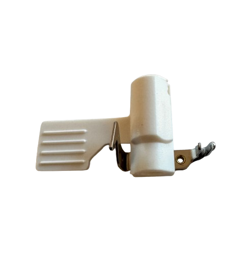 A small white plastic hardware component with a metal hook or clip on one side and a ridged tab on the other, isolated on a black background.