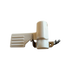 A small white plastic hardware component with a metal hook or clip on one side and a ridged tab on the other, isolated on a black background.