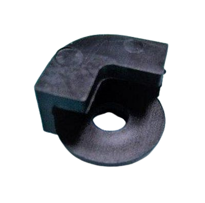 A black plastic L-shaped corner guide or protective bumper with a circular hole in the center, shown on a plain white background.
