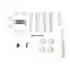 A multi-piece kit of white and silver plastic tools and components, including several white cylindrical tubes, four round white discs, a small metal wrench, a white-handled screwdriver, and several small colored resistors, laid out on a plain white background.