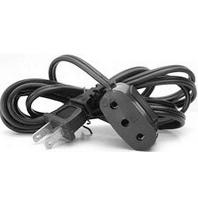 A black extension cord with a two-prong plug and a three-prong outlet connector, coiled on a white background.