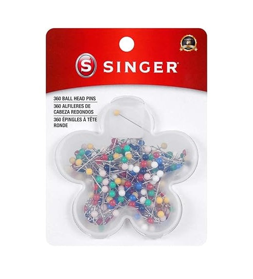 Singer ball head pins packaging with colorful pins inside on a white background